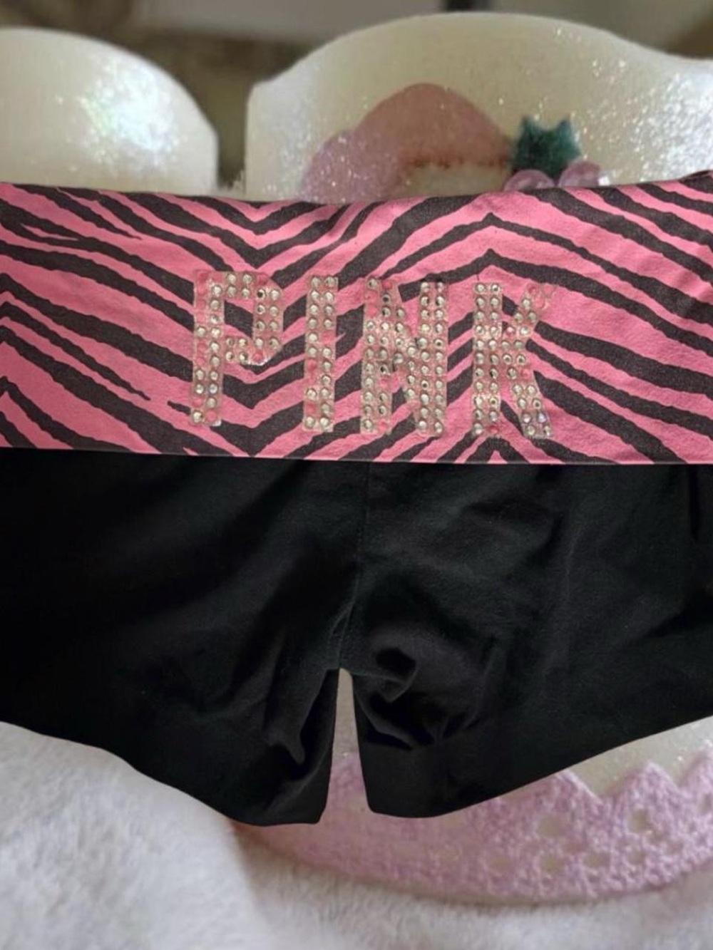 PINK Victoria's Secret Black with Pink Zebra Rhinestone Foldover Shorts